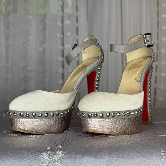 Studded Platform Suede Pewter High Heel Pumps - Picture 2 of 16